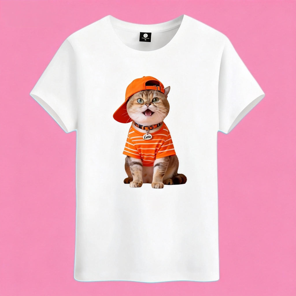 Sunny Brand cool cat graphic tee, front view of orange cap cat printed heavy cotton t-shirt