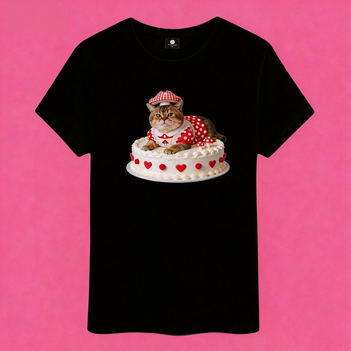Sunny Brand t-shirt detail, close-up of playful cake cat graphic with heart decorations