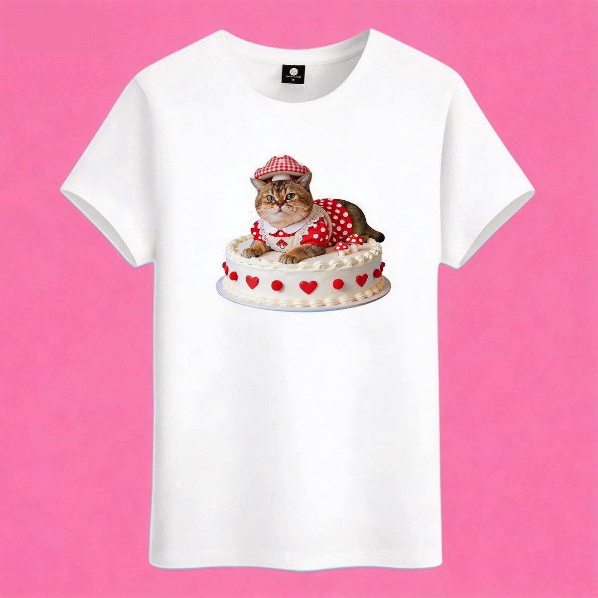 Sunny Brand cake cat t-shirt, front view of cute cat in pink outfit on heart cake printed on cotton tee