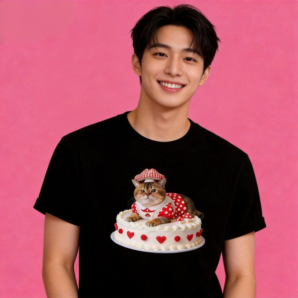 Man wearing Sunny Brand cake cat t-shirt, unisex premium cotton playful tee
