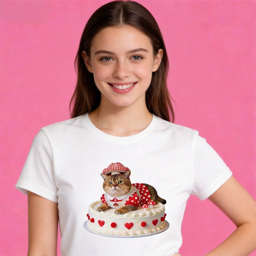 Woman wearing Sunny Brand cake cat t-shirt, sweet playful cat graphic casual wear