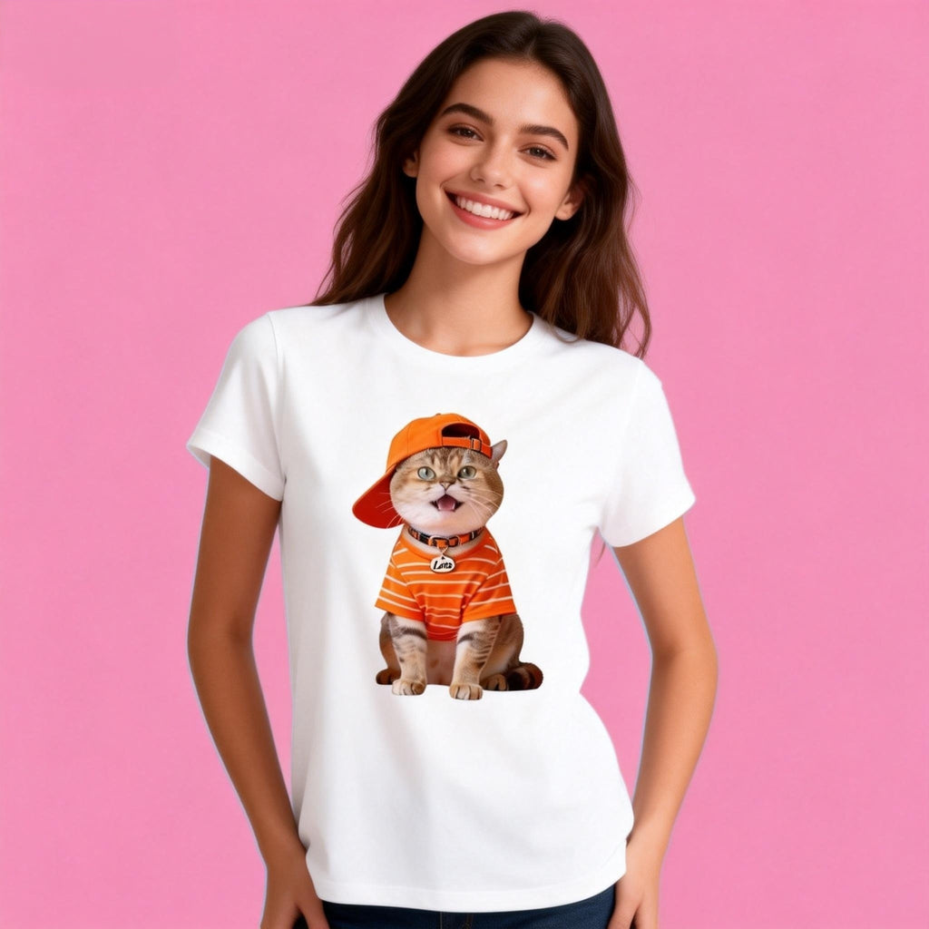 Sunny Brand t-shirt detail, high definition print of cat wearing orange baseball cap