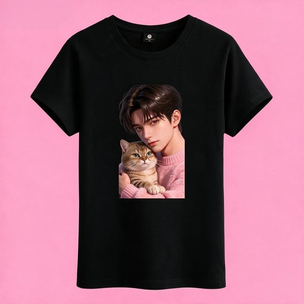 Sunny Brand t-shirt detail, close-up of anime boy and cat graphic black color