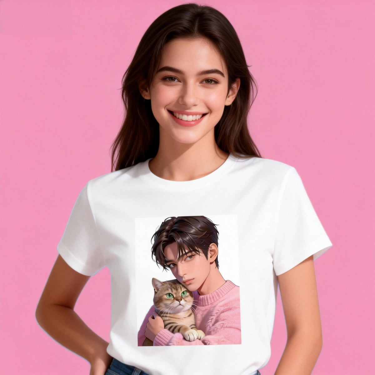 Sunny Brand t-shirt detail, close-up of anime boy and cat graphic