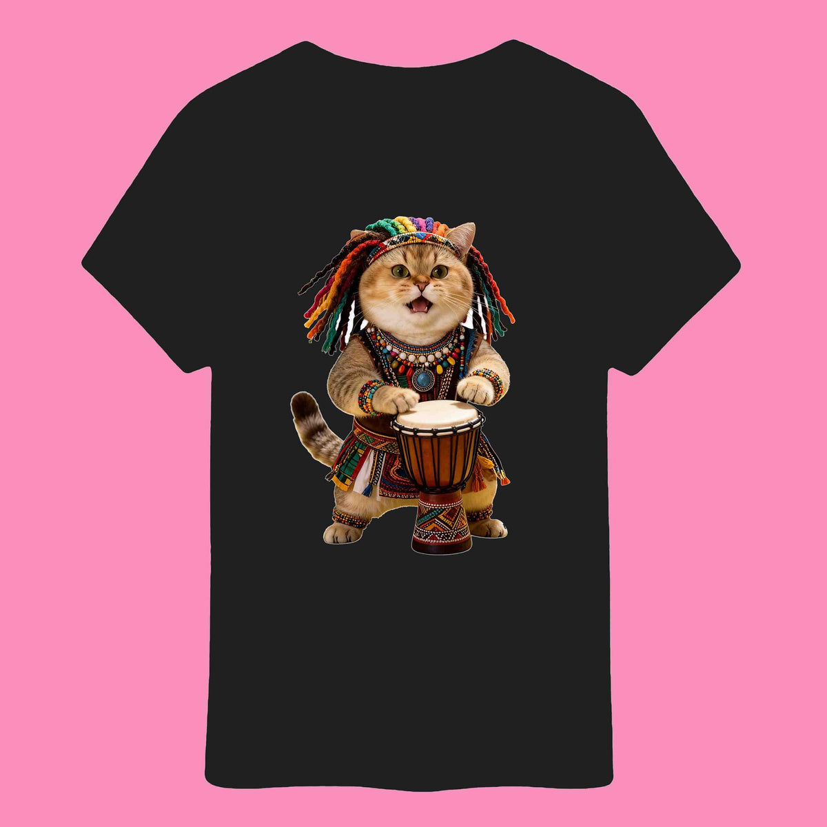 Black t-shirt with a cute cat named Sunny playing djembe drum graphic 