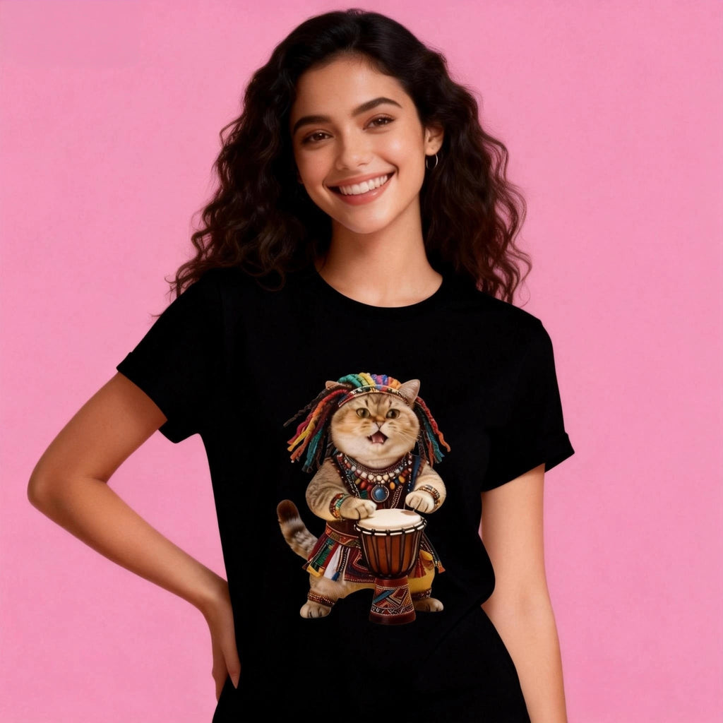 Black t-shirt with a cute cat named Sunny playing djembe drum graphic