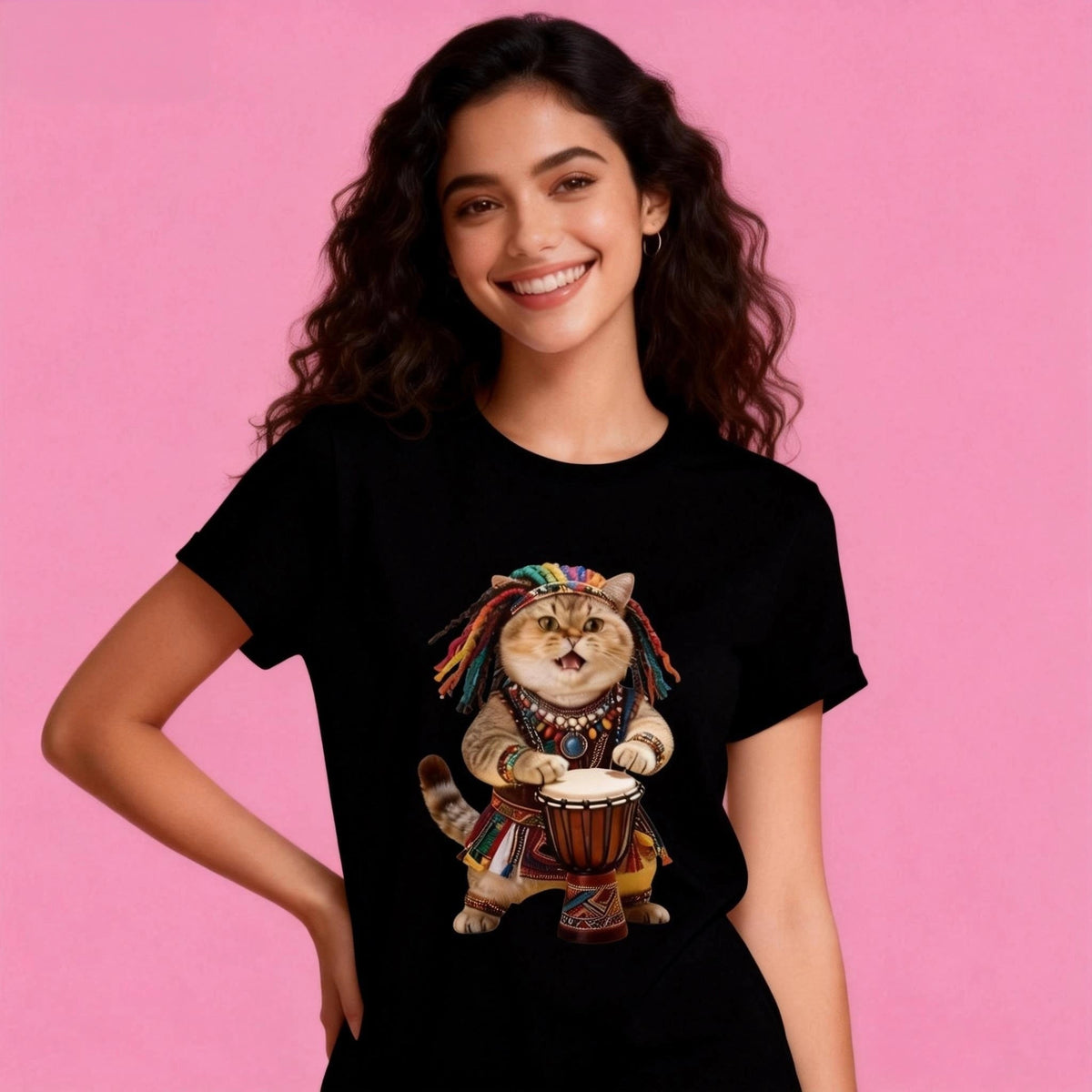 Black t-shirt with a cute cat named Sunny playing djembe drum graphic