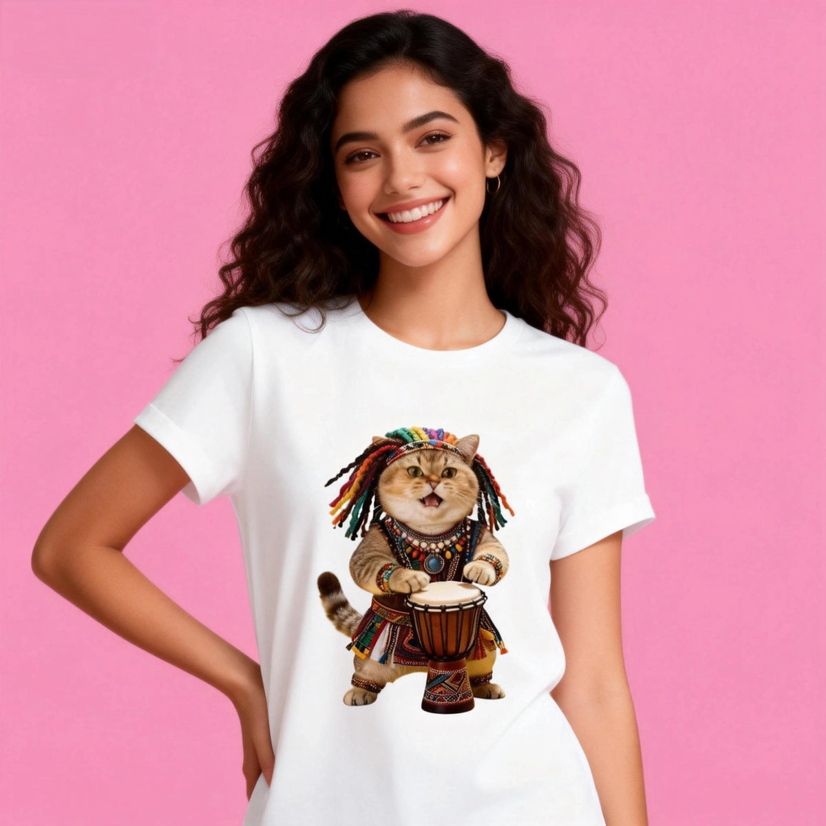 White t-shirt with a cute cat named Sunny playing djembe drum graphic