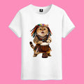 White t-shirt with a cute cat named Sunny playing djembe drum graphic