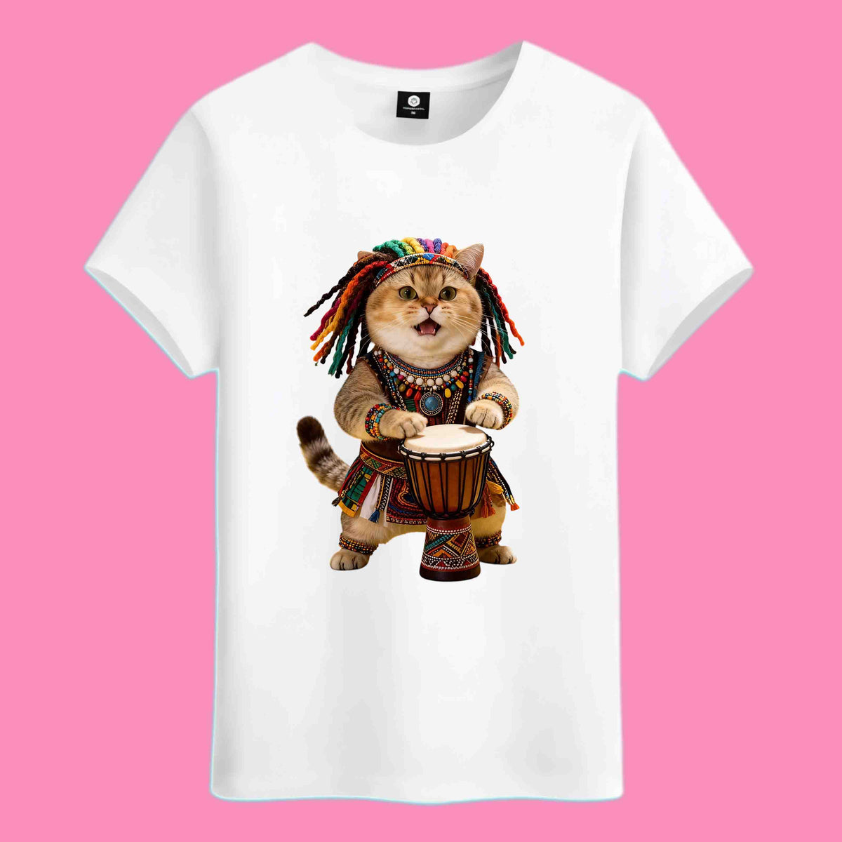White t-shirt with a cute cat named Sunny playing djembe drum graphic