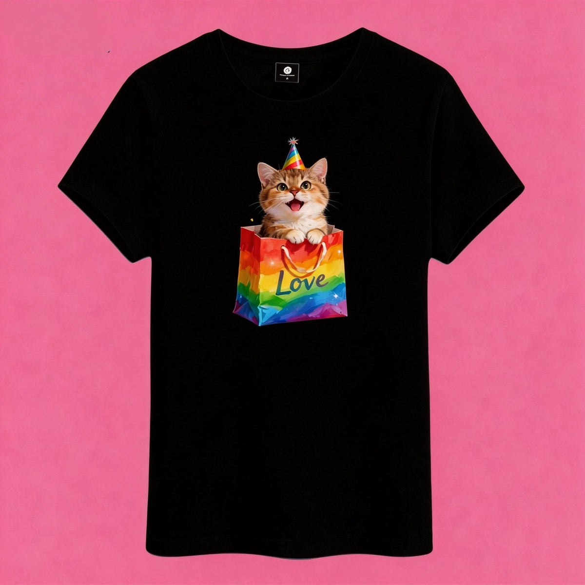 Sunny Brand t-shirt detail, close-up of rainbow love cat with party hat graphic