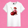 Sunny Brand cherry cat t-shirt, front view of cute cat in beret holding giant cherry printed on cotton tee