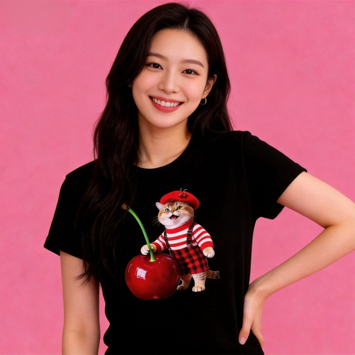 Lady wearing Sunny Brand cherry cat t-shirt, unisex premium cotton playful tee