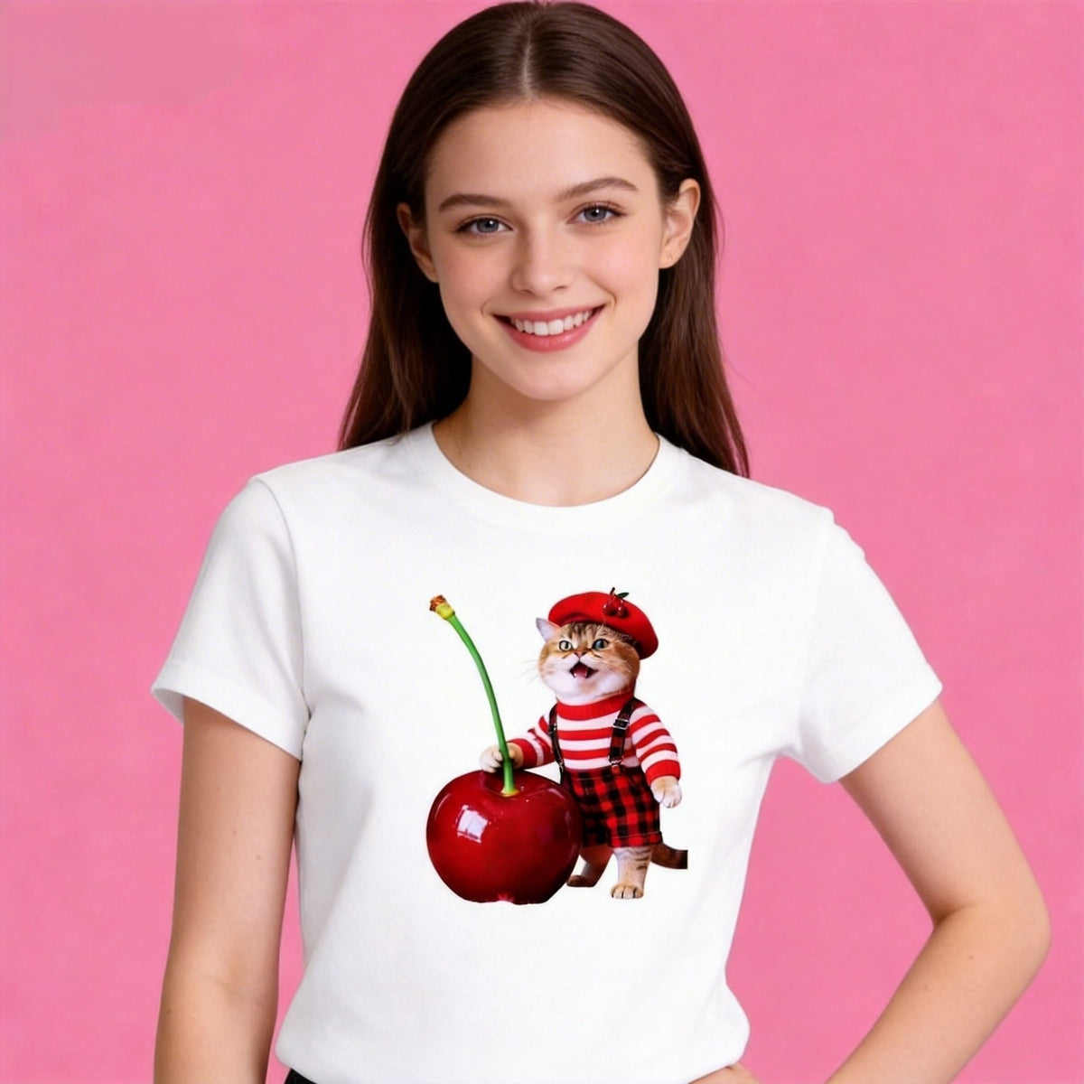 Woman wearing Sunny Brand cherry cat t-shirt, playful fruity cat graphic casual wear