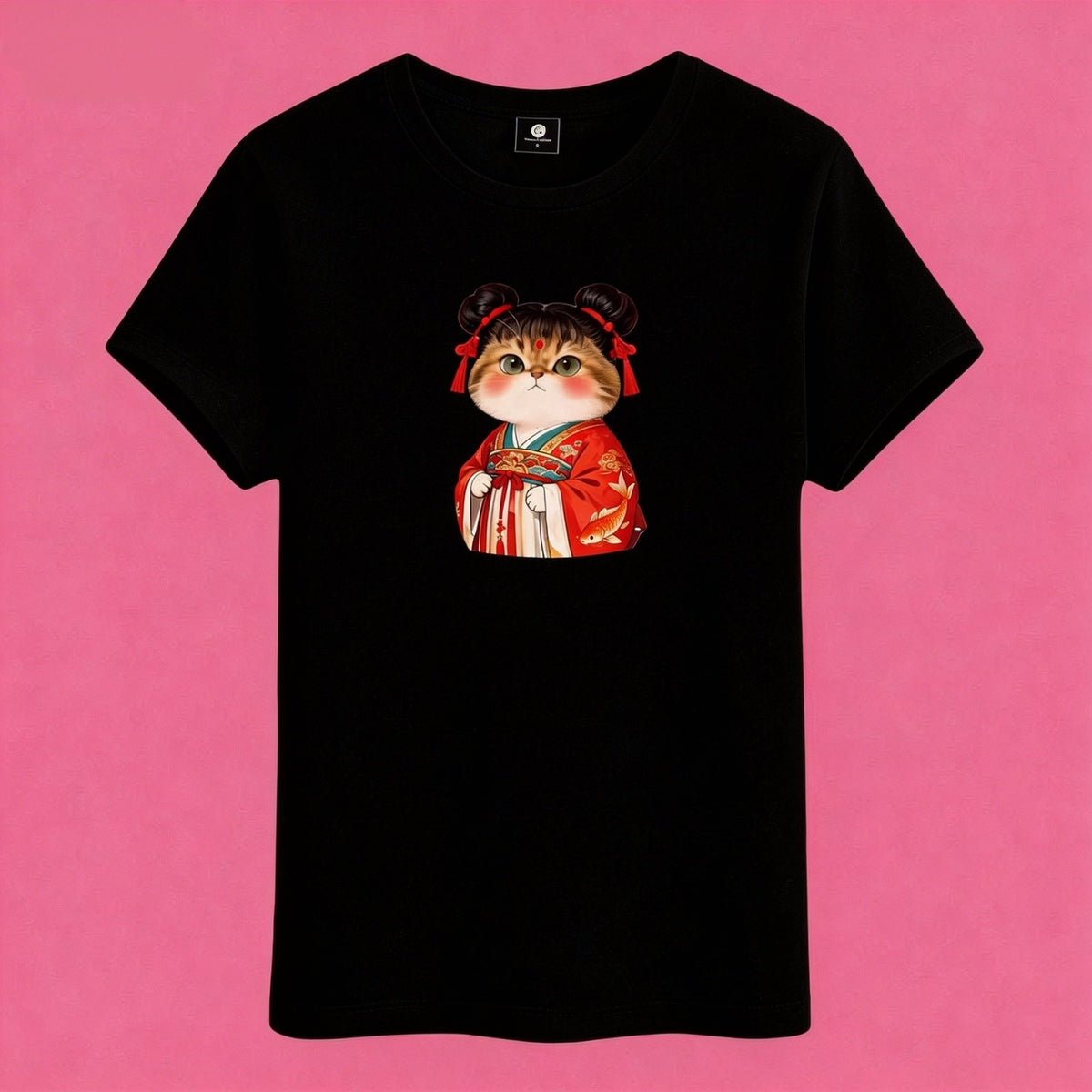 Sunny Brand t-shirt detail, print of charming hanfu cat graphic