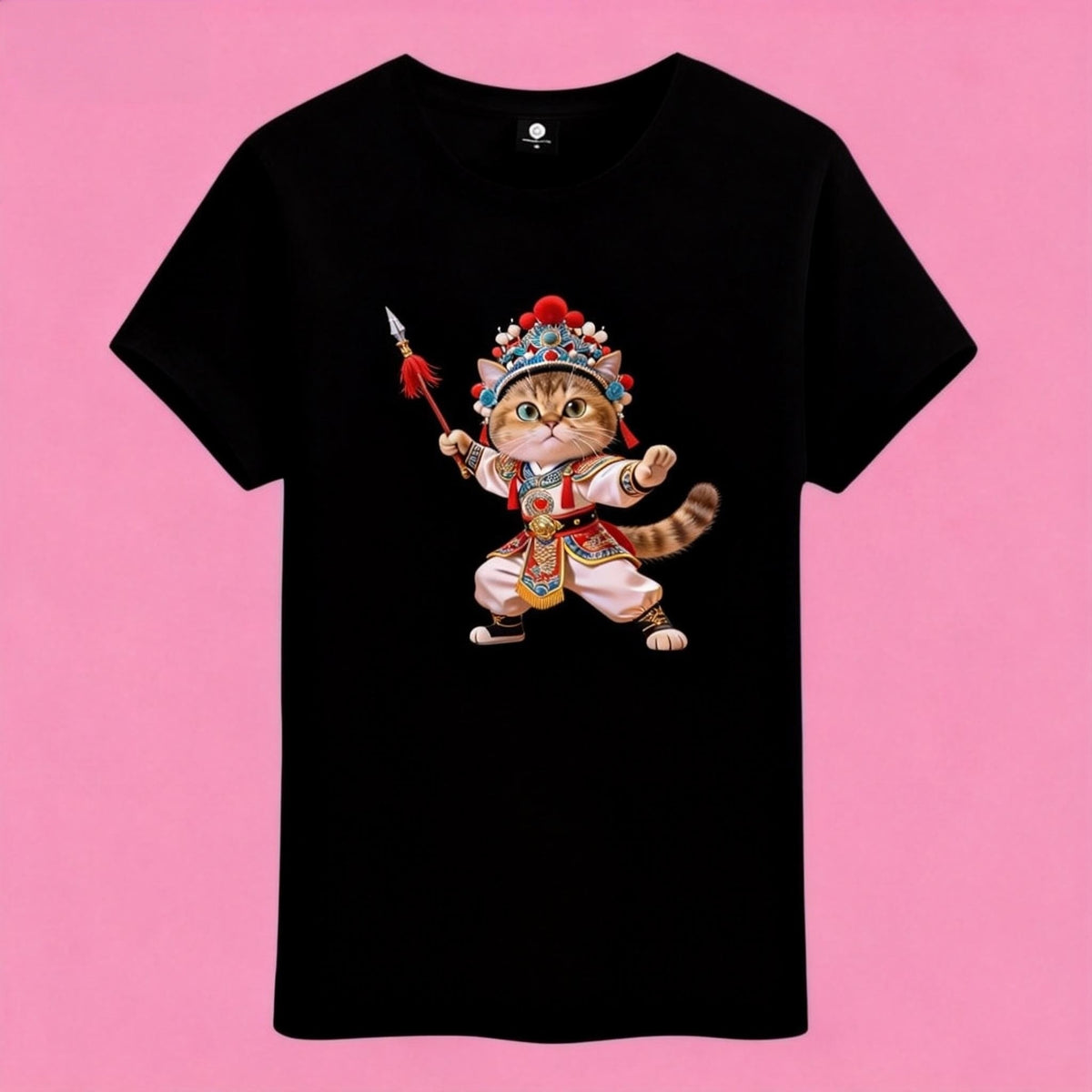 Sunny Brand t-shirt detail, print of vibrant Chinese opera cat graphic with spear