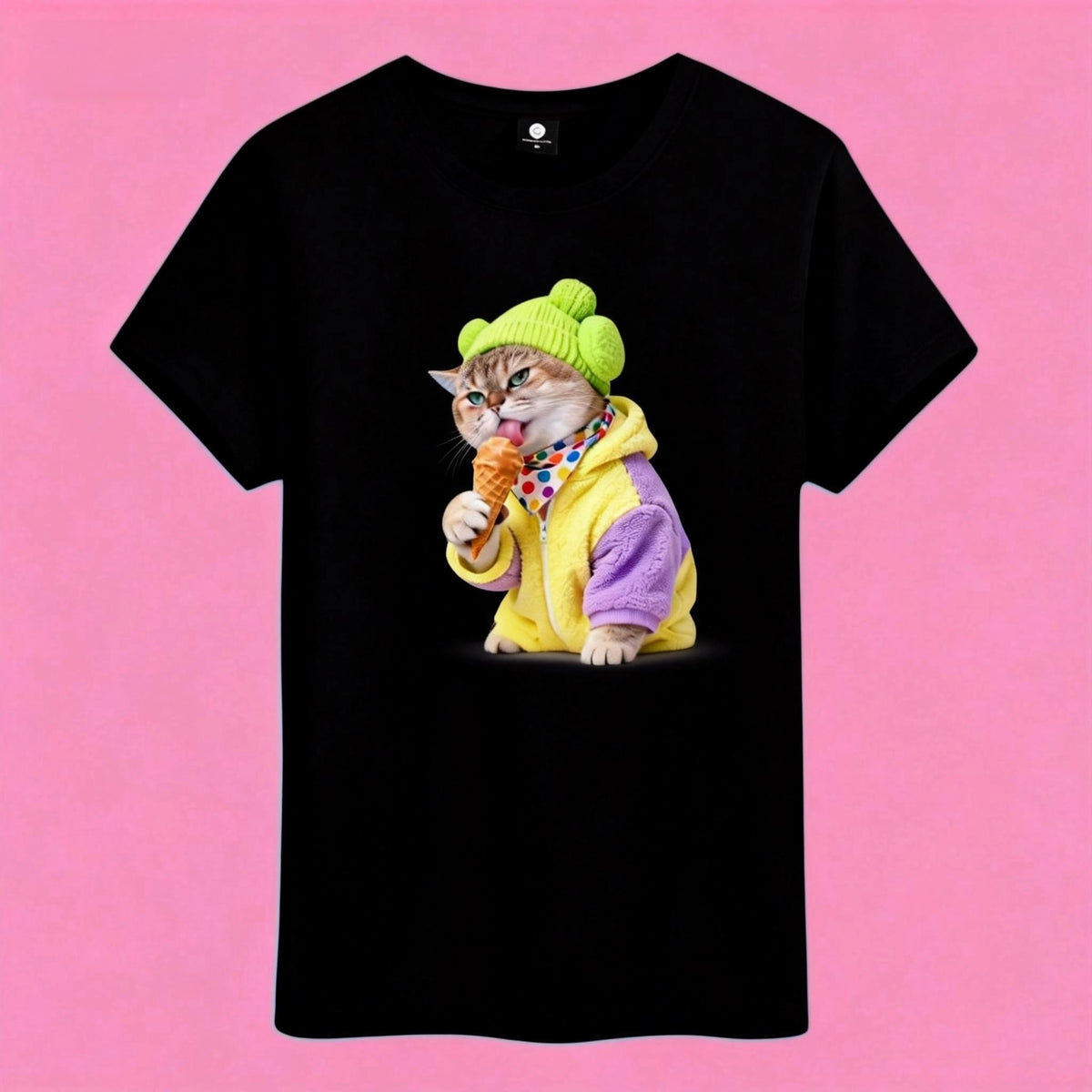 Sunny Brand t-shirt detail, high definition print of cat eating ice cream in green beanie