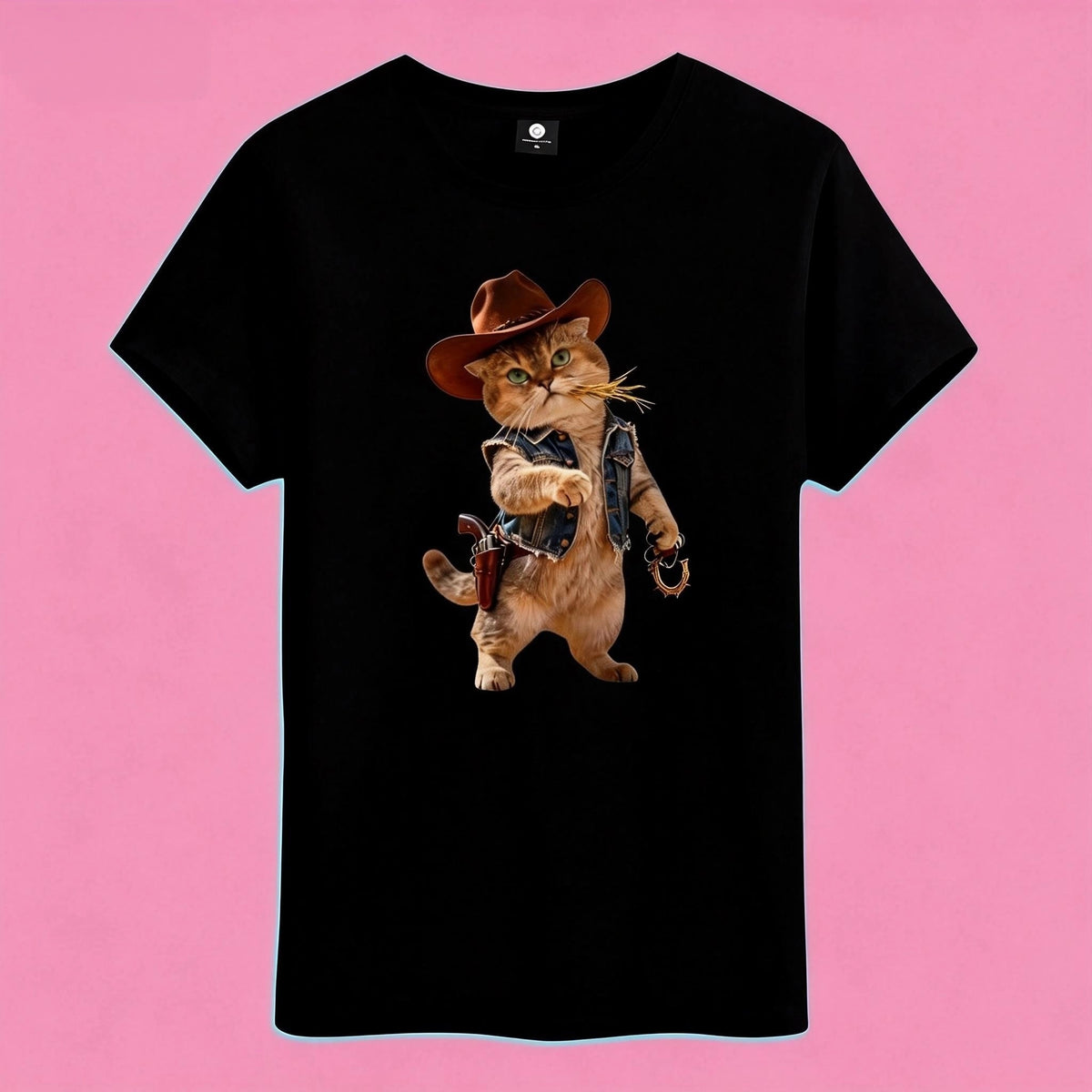 Sunny Brand cowboy cat t-shirt, front view of cat in Western cowboy outfit printed on heavy cotton tee in black color