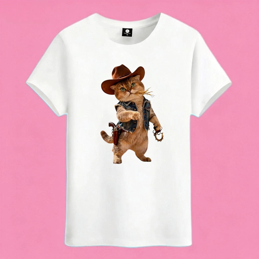 Sunny Brand cowboy cat t-shirt, front view of cat in Western cowboy outfit printed on heavy cotton tee