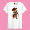 Sunny Brand cowboy cat t-shirt, front view of cat in Western cowboy outfit printed on heavy cotton tee