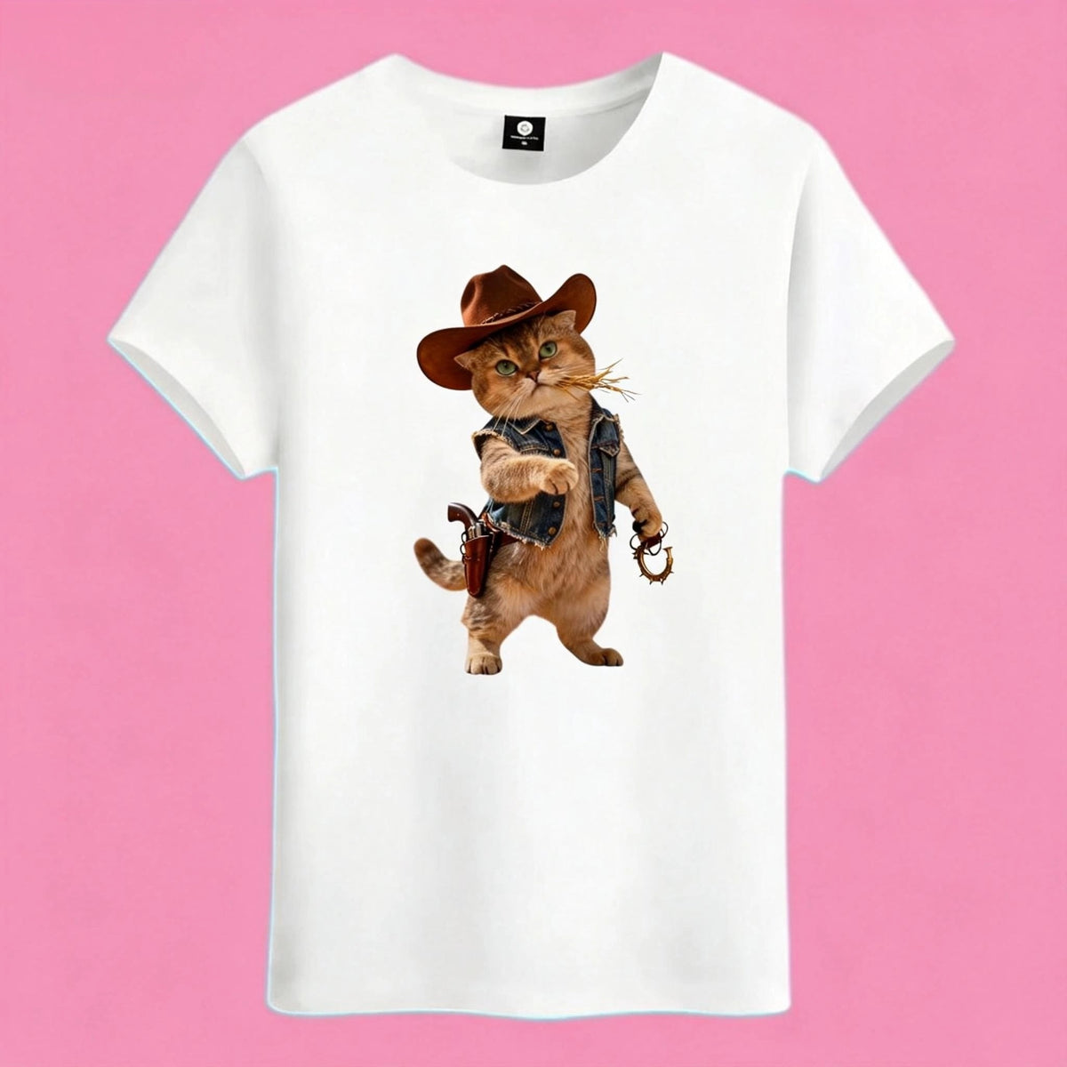 Sunny Brand cowboy cat t-shirt, front view of cat in Western cowboy outfit printed on heavy cotton tee