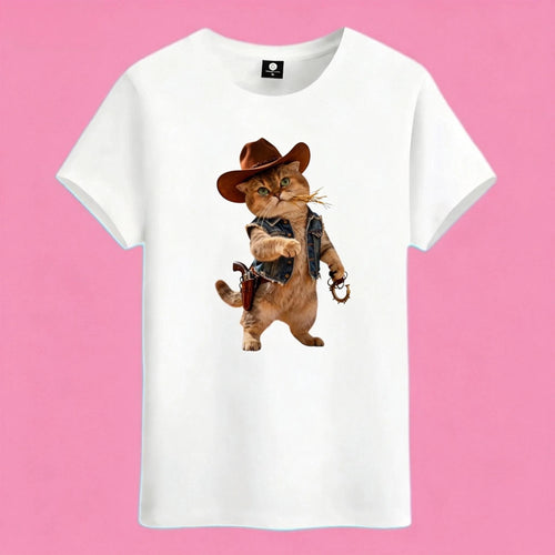 Sunny Brand cowboy cat t-shirt, front view of cat in Western cowboy outfit printed on heavy cotton tee