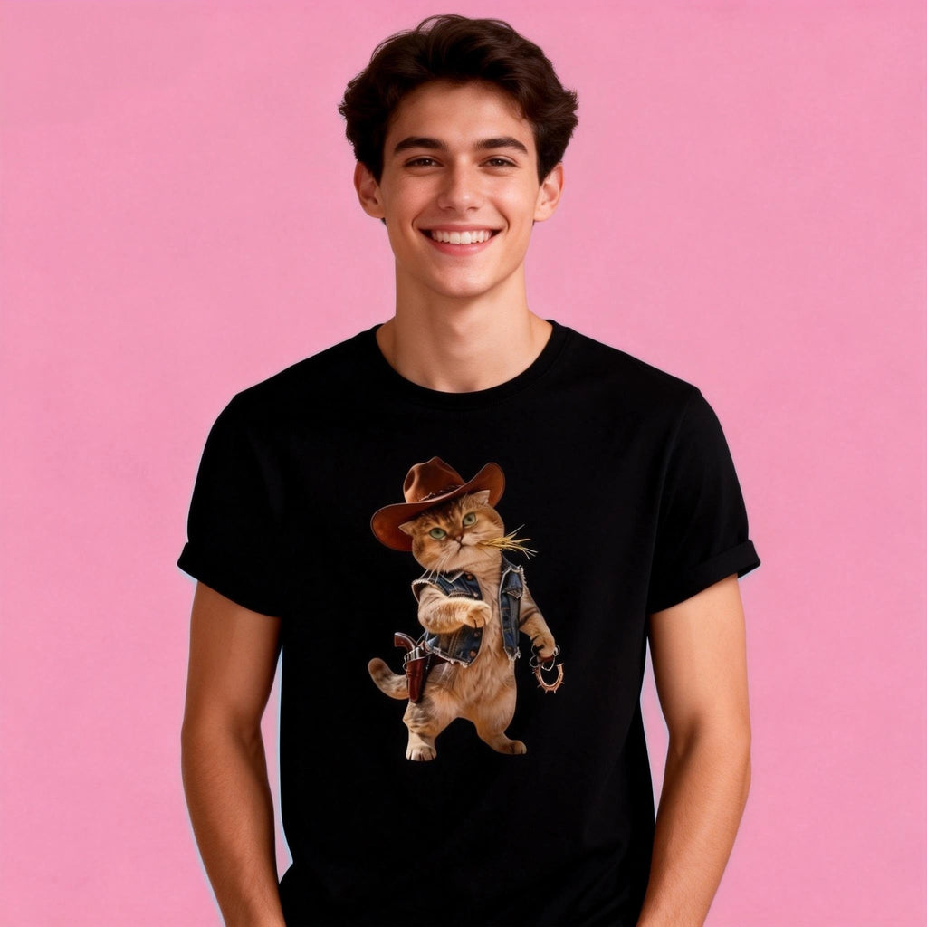 Man wearing Sunny Brand cowboy cat t-shirt, unisex heavy cotton tee with playful Western cat graphic