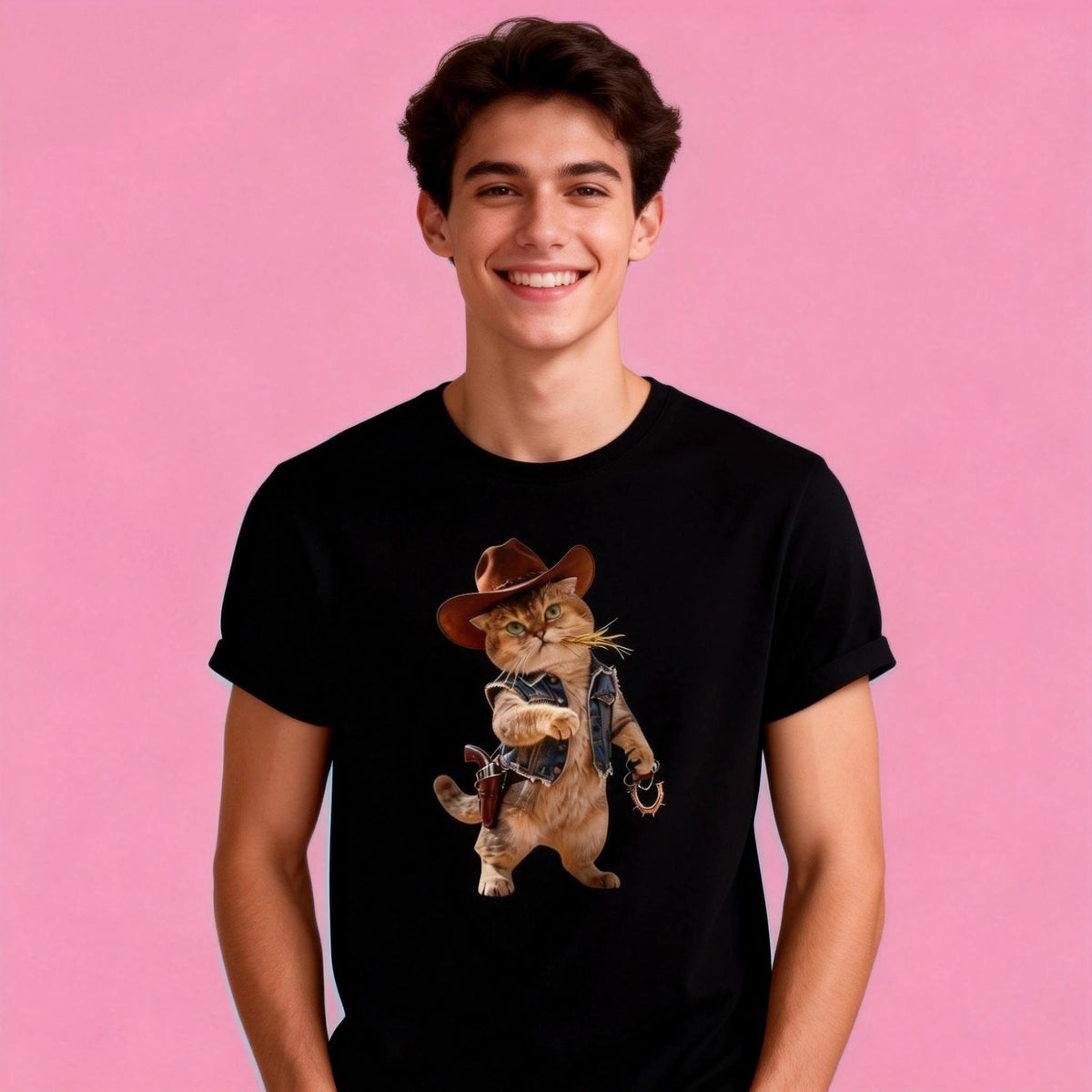 Man wearing Sunny Brand cowboy cat t-shirt, unisex heavy cotton tee with playful Western cat graphic