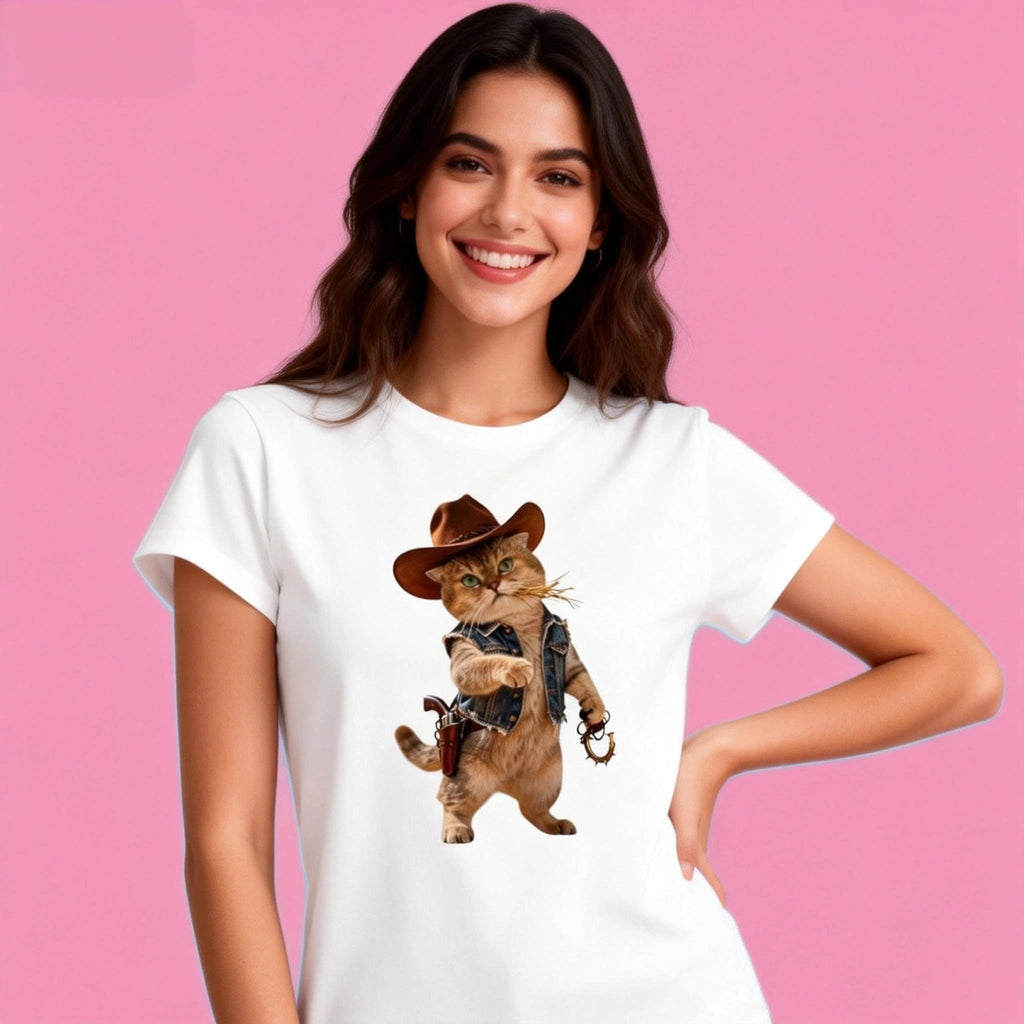 Woman wearing Sunny Brand cowboy cat t-shirt, casual outfit with playful Western cat graphic