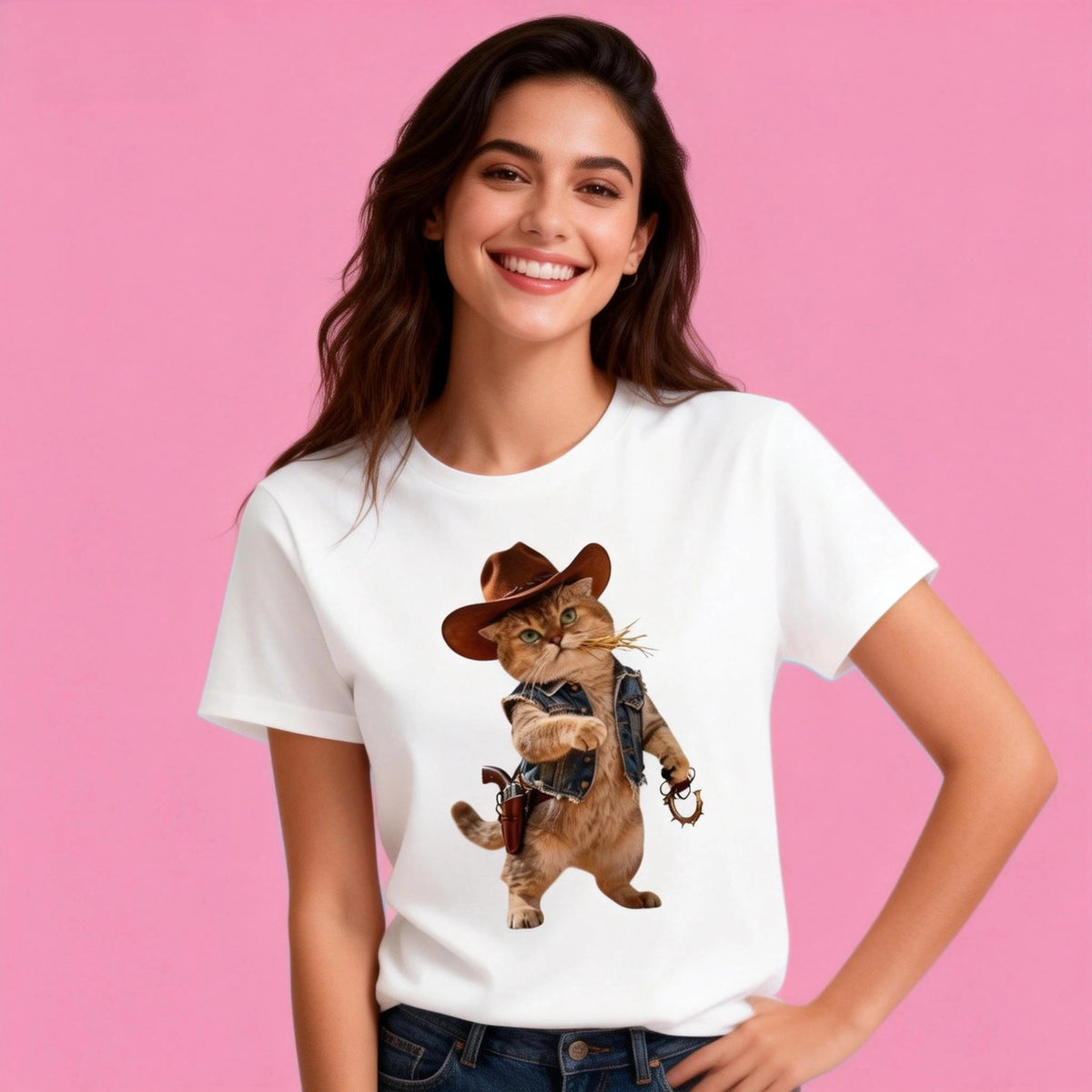 Female model in Sunny Brand Wild West cat t-shirt, fun cowboy cat design for casual wear