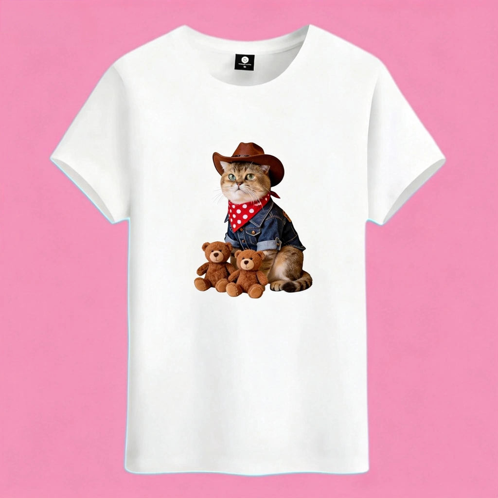 Sunny Brand cowboy teddy cat t-shirt, front view of cat in Western outfit with teddy bears printed on premium cotton tee