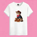 Sunny Brand cowboy teddy cat t-shirt, front view of cat in Western outfit with teddy bears printed on premium cotton tee