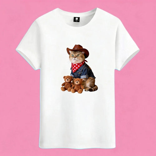 Sunny Brand cowboy teddy cat t-shirt, front view of cat in Western outfit with teddy bears printed on premium cotton tee