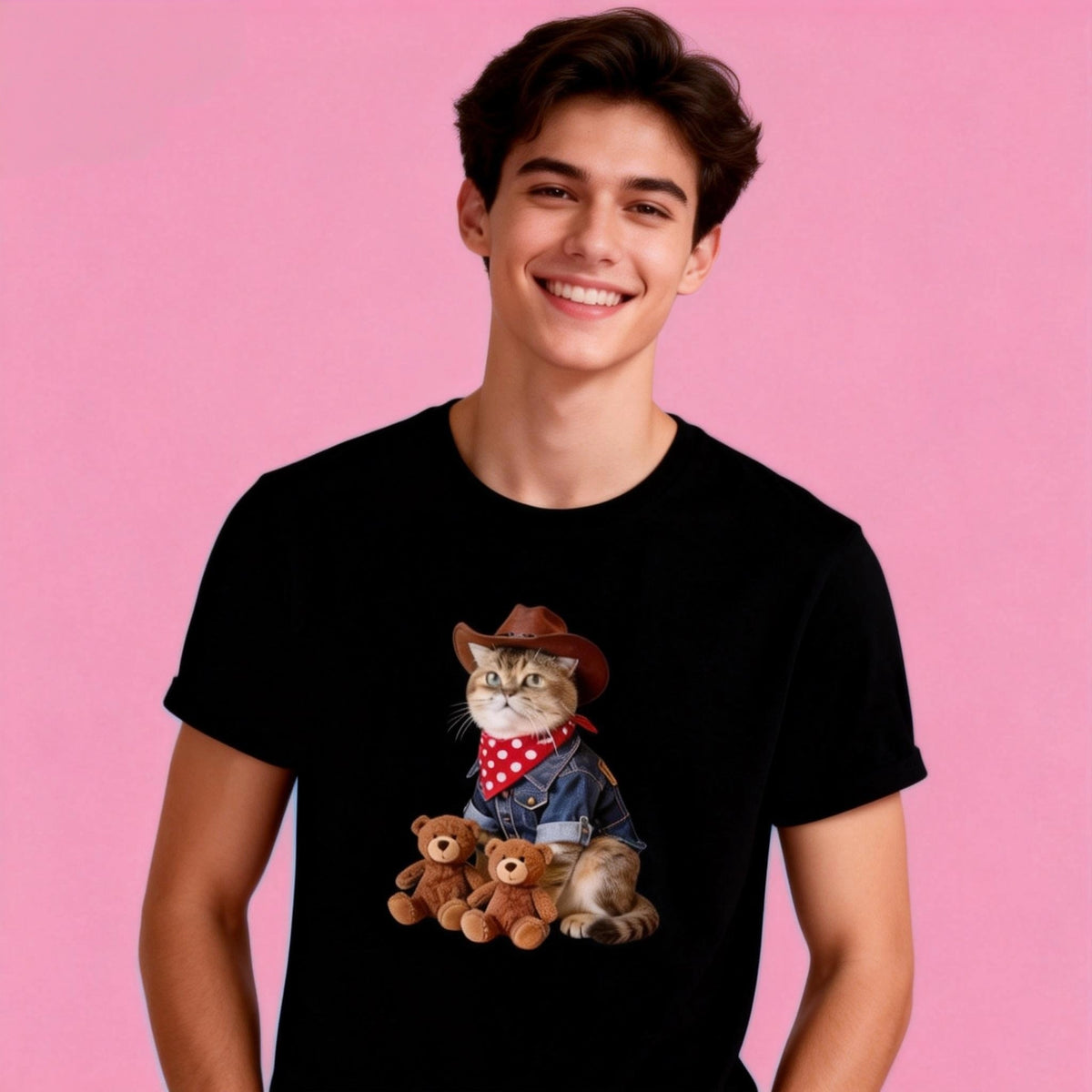 Man wearing Sunny Brand cowboy teddy cat t-shirt, unisex premium cotton tee with playful Western cat and teddy bears graphic