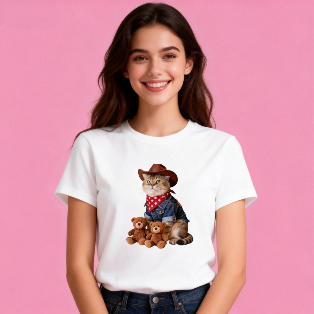 Woman wearing Sunny Brand cowboy teddy cat t-shirt, playful outfit with Western cat and teddy bears graphic