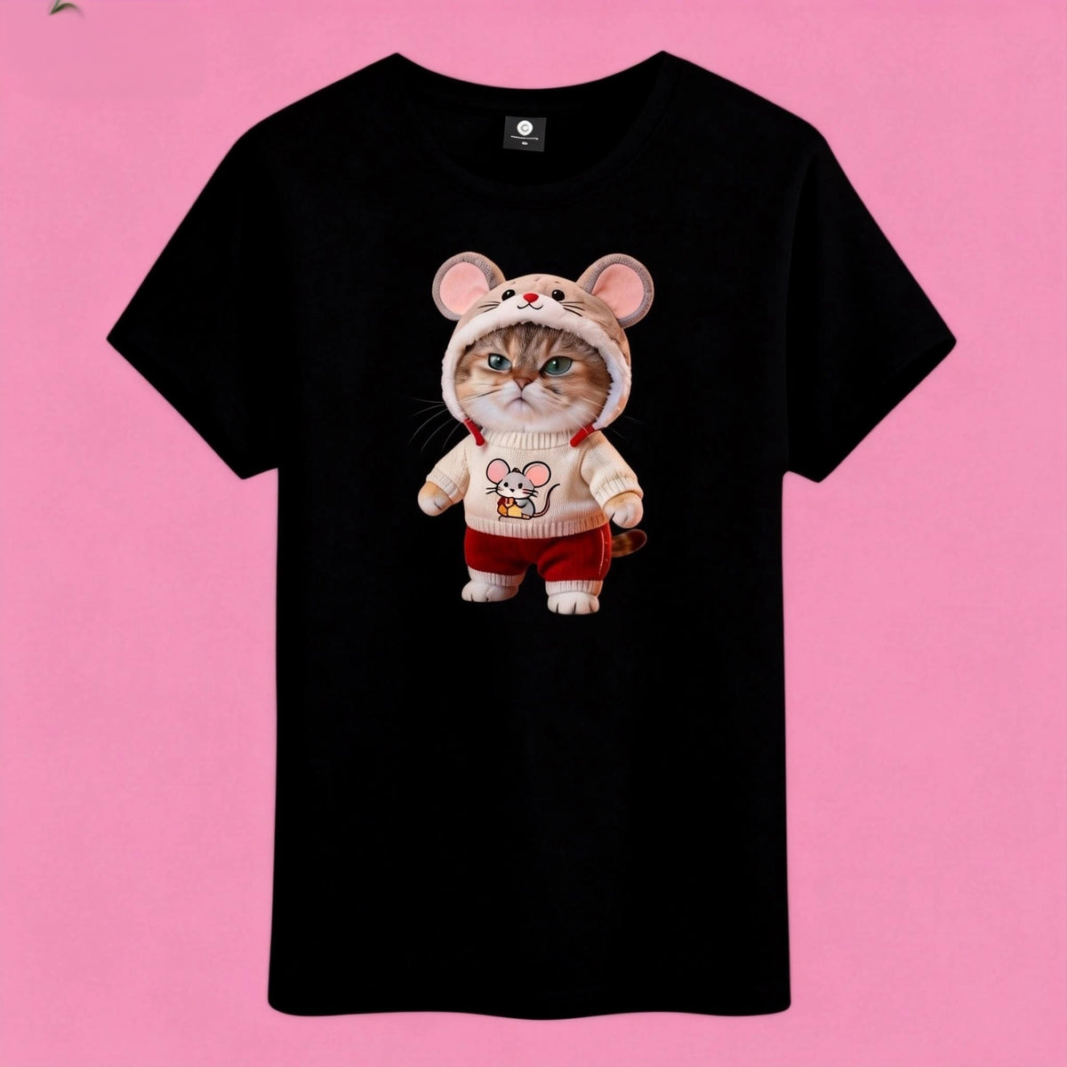 Sunny Brand t-shirt detail, close-up of cute cat in mouse outfit graphic