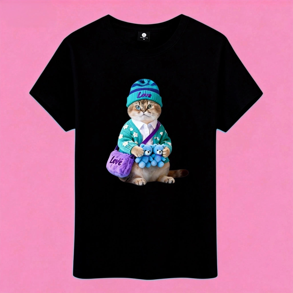 Sunny Brand t-shirt detail, high definition print of cute cat in knit cardigan holding plushies