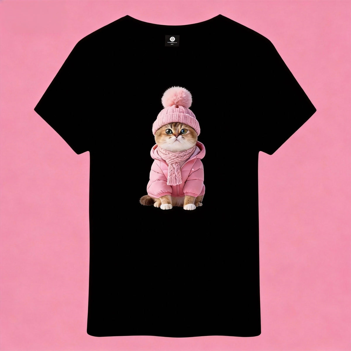 Sunny Brand t-shirt detail, print of cozy pink winter cat graphic with knit beanie and scarf