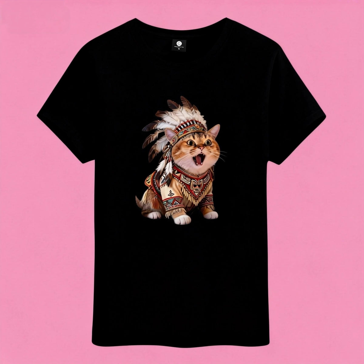 Sunny Brand t-shirt detail, print of vibrant tribal cat graphic