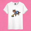 Sunny Brand curling cat t-shirt, front view of sporty cat in jersey sliding curling stone printed on cotton tee