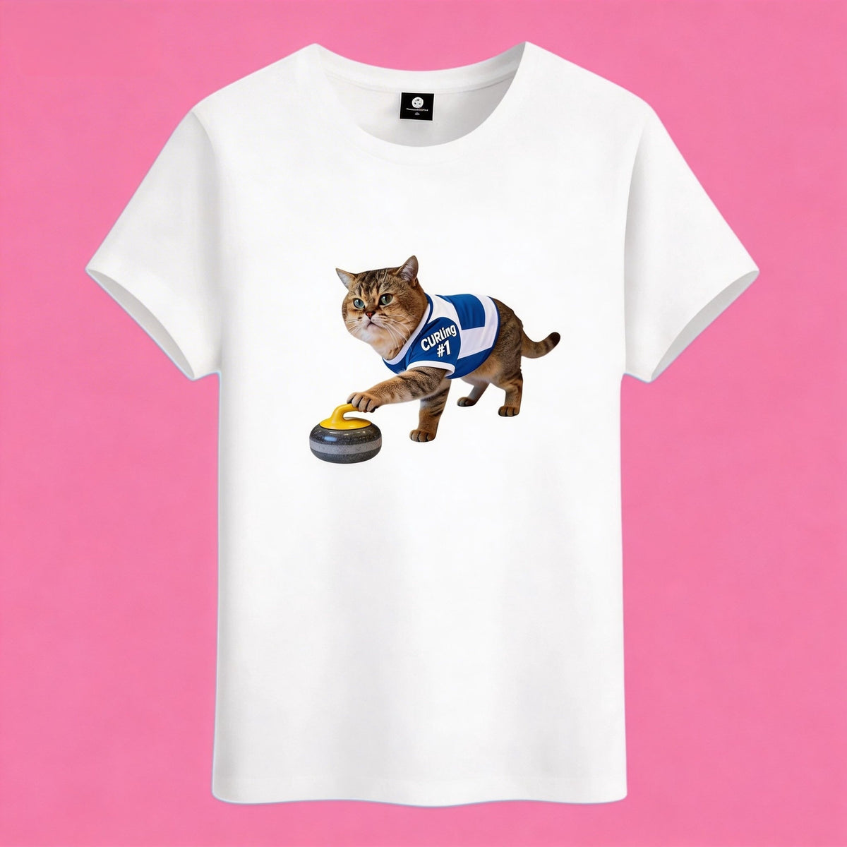Sunny Brand curling cat t-shirt, front view of sporty cat in jersey sliding curling stone printed on cotton tee