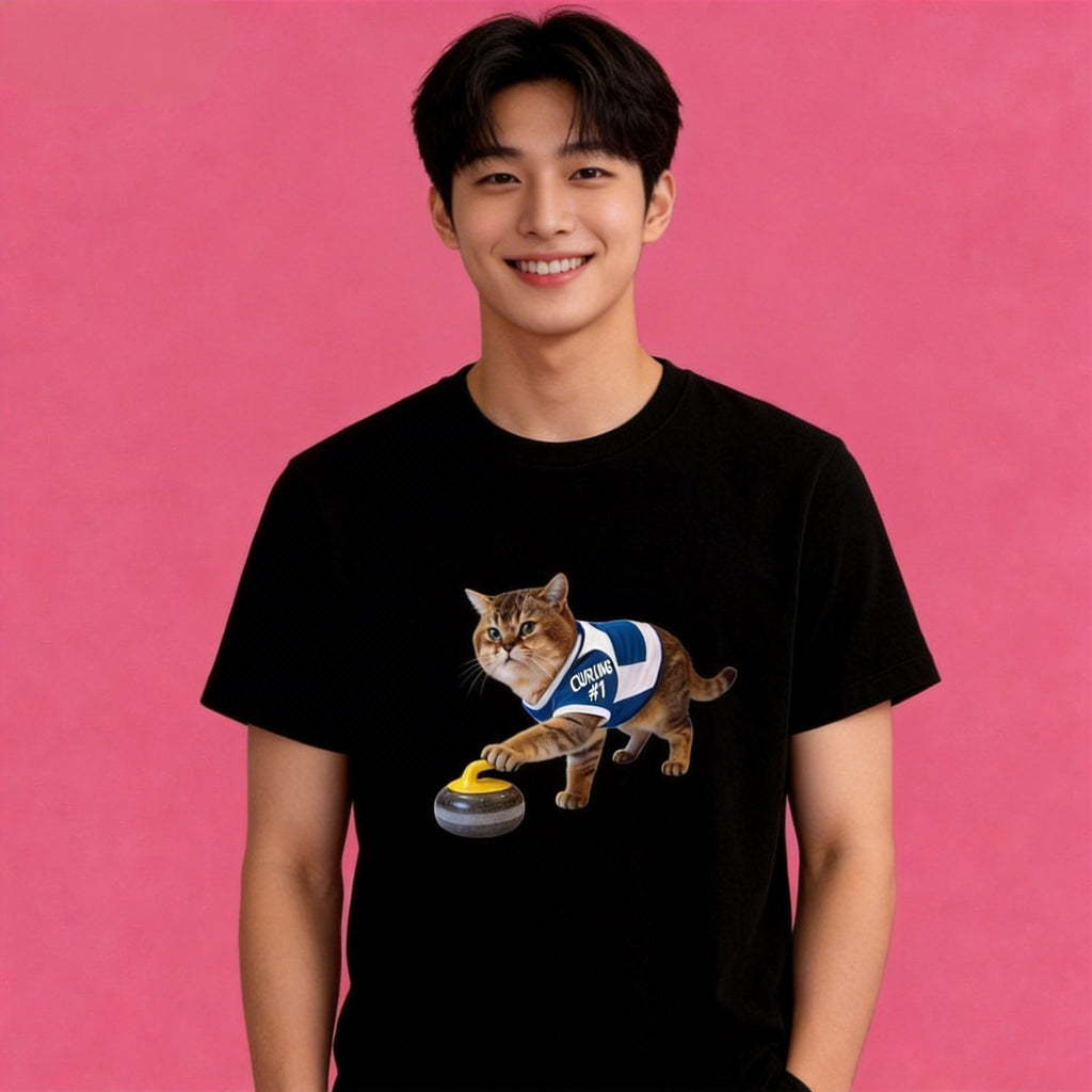 Man wearing Sunny Brand curling cat t-shirt, unisex premium cotton sporty tee