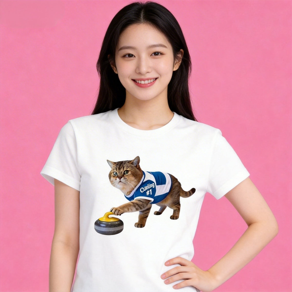 Woman wearing Sunny Brand curling cat t-shirt, sporty curling cat graphic casual wear