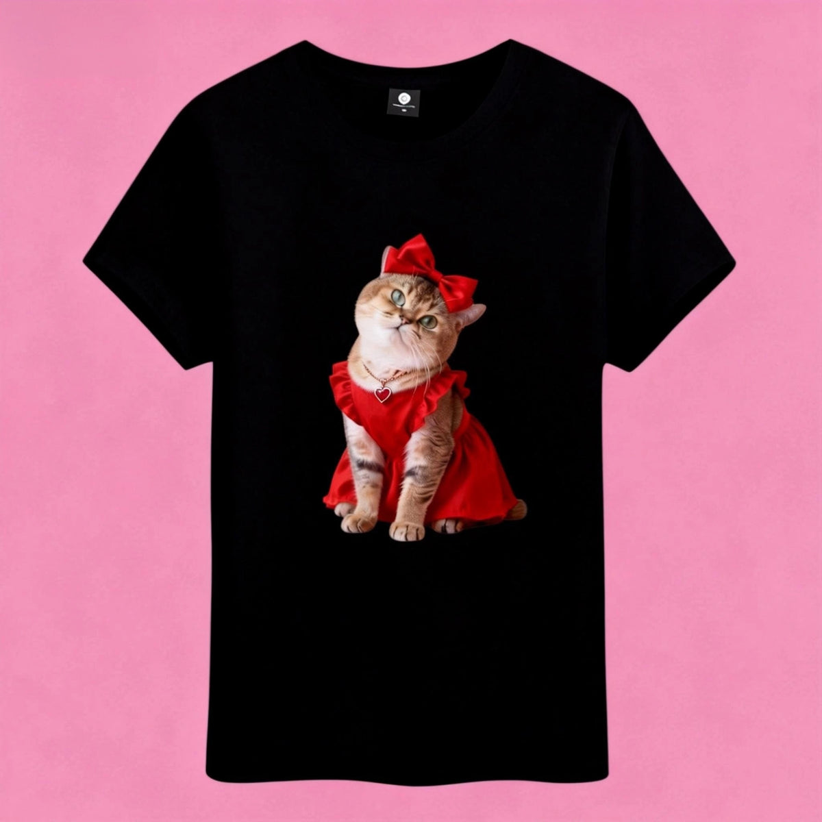Sunny Brand t-shirt detail, print of cute red dress cat graphic with matching bow