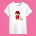 Sunny Brand dice worker cat t-shirt, front view of red overalls cat print