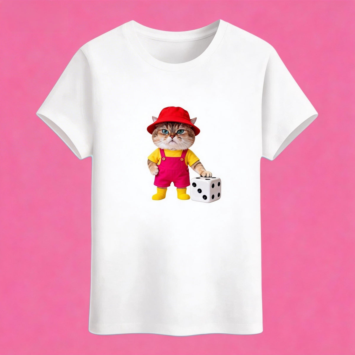 Sunny Brand dice worker cat t-shirt, front view of red overalls cat print
