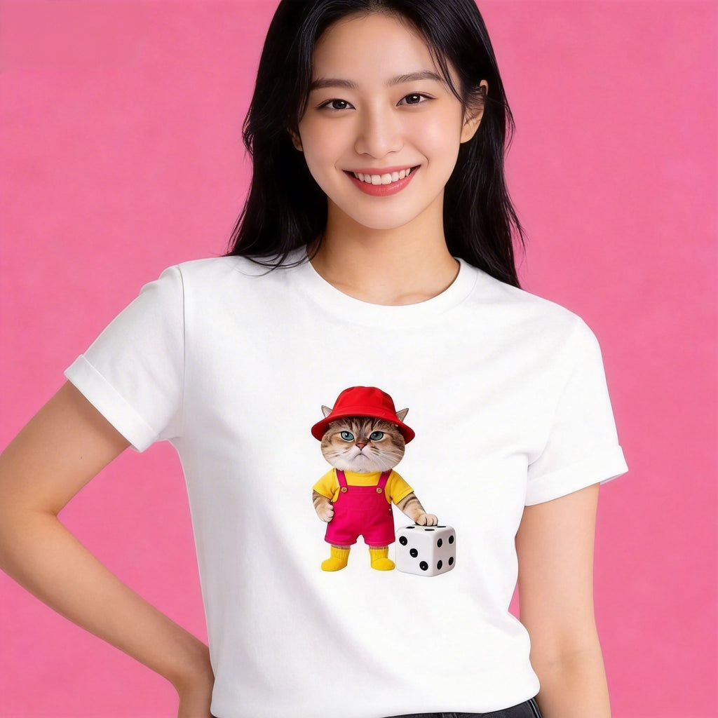 Woman wearing Sunny Brand dice cat t-shirt, funny worker cat casual wear