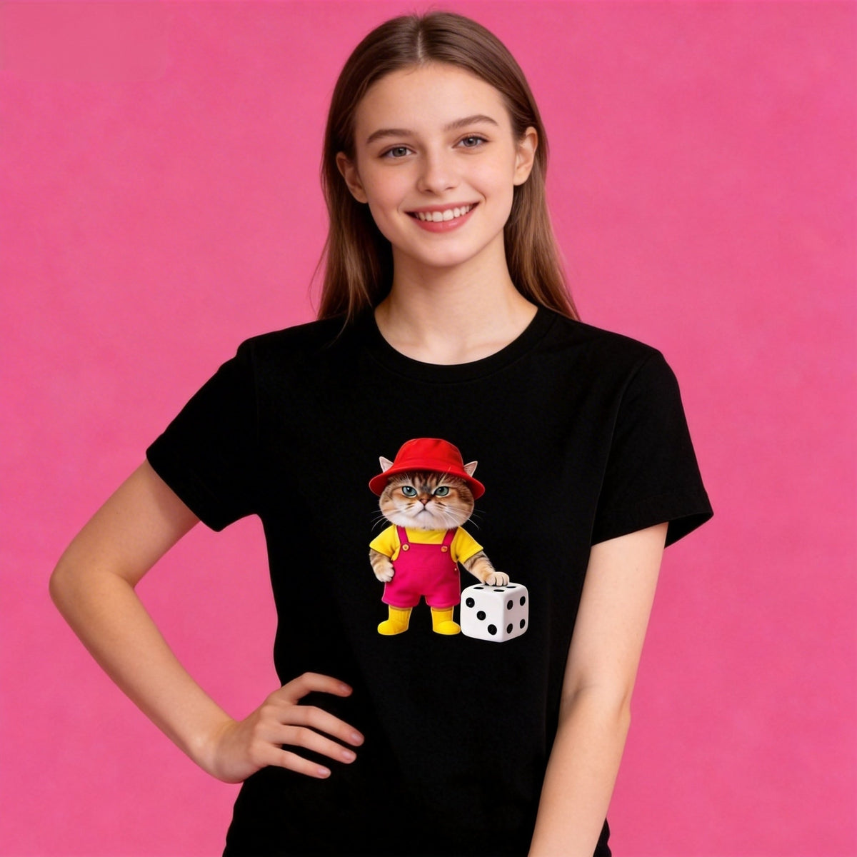 lady wearing Sunny Brand dice cat t-shirt, unisex fun cat cotton tee in black color