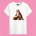 Sunny Brand drum cat t-shirt, front view of cool cat playing drums printed on heavy cotton tee