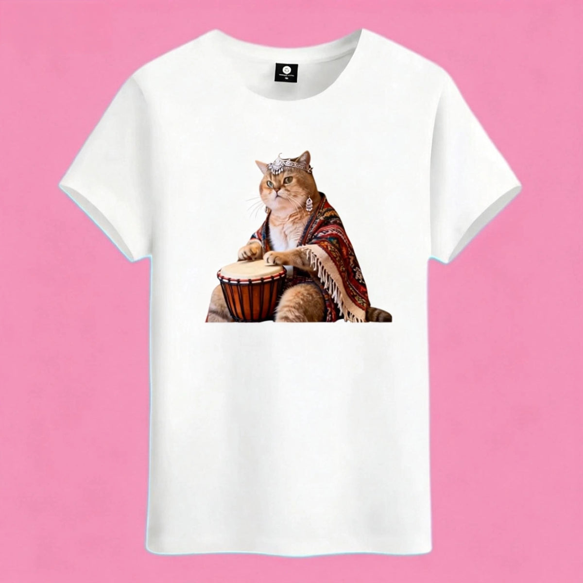 Sunny Brand drum cat t-shirt, front view of cool cat playing drums printed on heavy cotton tee